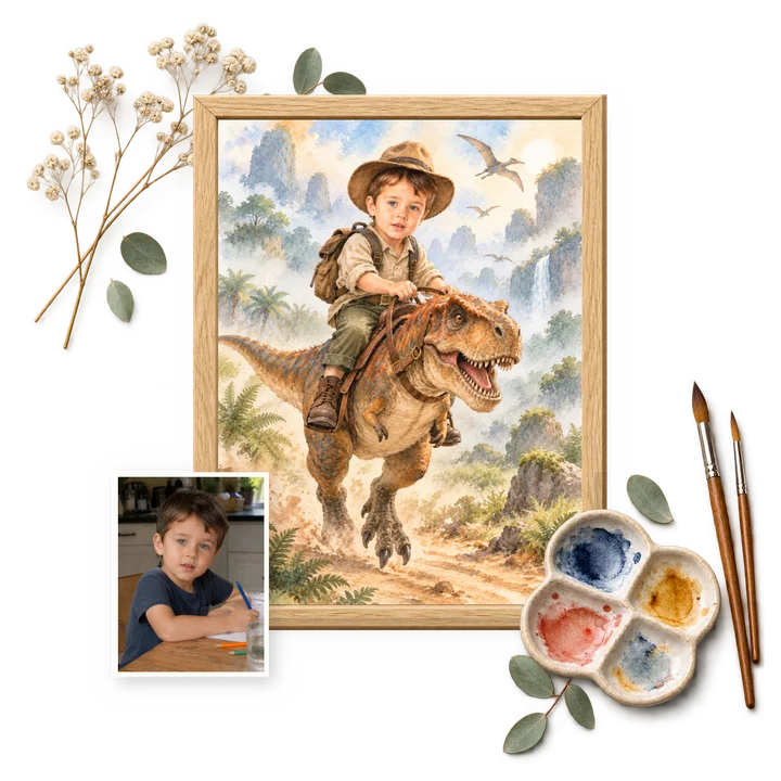 Portrait aquarelle d’un enfant sur un dinosaure, accompagné de sa photo, de fleurs, d’une palette et de pinceaux